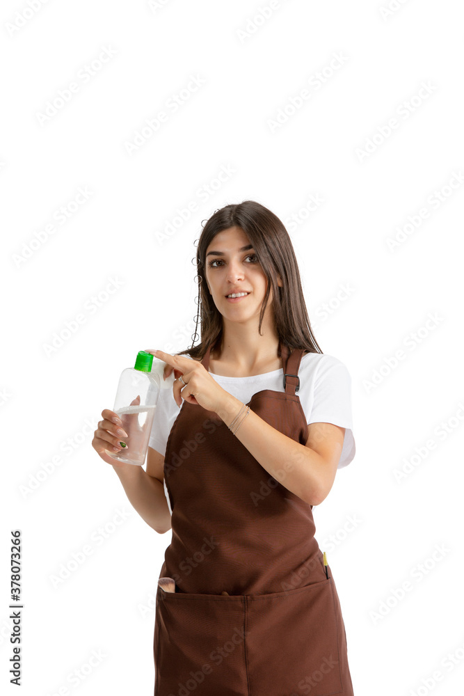 Mycelium water. Young beautiful woman, visagiste with cosmetics isolated on white studio background Caucasian woman, art modern worker. Finance, economy, professional occupation, beauty concept.