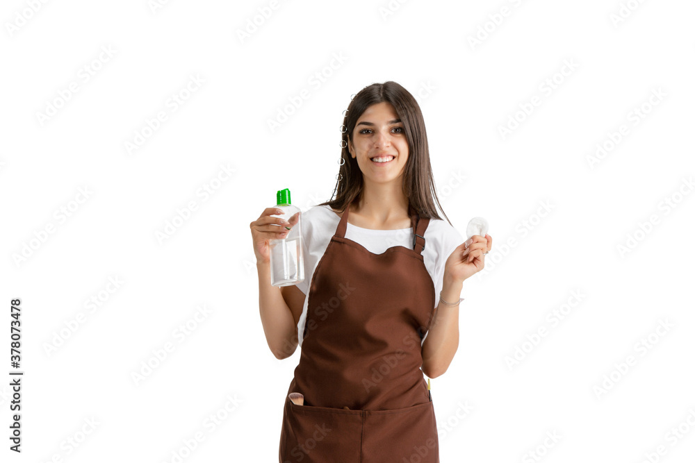 Mycelium water. Young beautiful woman, visagiste with cosmetics isolated on white studio background Caucasian woman, art modern worker. Finance, economy, professional occupation, beauty concept. Mycelium water. Young beautiful woman, visagiste with cosmetics isolated on white studio background Caucasian woman, art modern worker. Finance, economy, professional occupation, beauty concept.