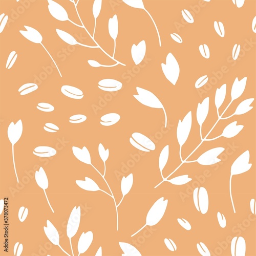 Hand drawn cereal plants seamless pattern, agriculture industry organic crop products for oat groats flakes, oatmeal packaging design. 