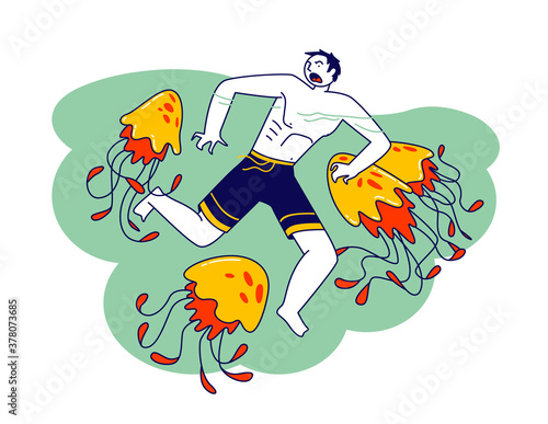 Character is Attacked with Tropical Jellyfishes in Ocean. Water Animals Danger during Traveling and Outdoor Recreation