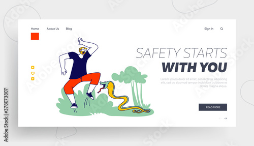 Cobra Attack Man Landing Page Template. Male Character is Attacked with Snake, Wild Animal Danger during Traveling