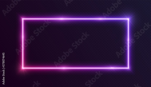 Neon gradient rectangular frame, blue-pink glowing border with glowing sparkles isolated on a dark background. Colorful night banner, bright illuminated shape, cyberpunk style vector light effect.
