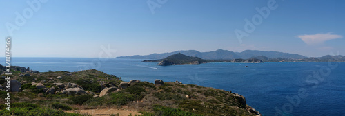 panorama of the lighthouse in the cabbage islands (isola dei cavoli) - with sails boat - Cagliari Sardinia.