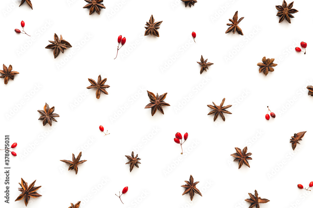 Christmas Pattern With Anise Stars And Red Berries Isolated On White Christmas Pattern With Anise Stars And Red Berries Isolated On White