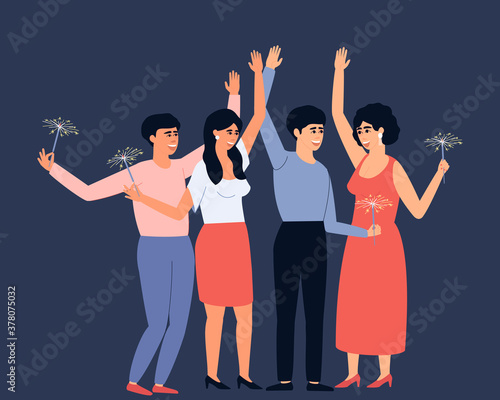 Group of young and happy people holding burning sparklers. Bright sparks during the holidays. Friends celebrate Christmas together. Flat vector illustration.
