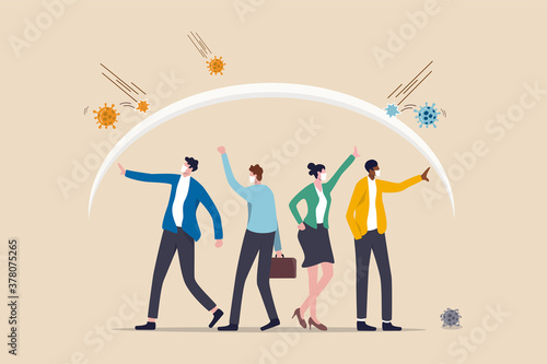 Herd immunity, immunized people who cured from Coronavirus COVID-19 viral disease concept, people wearing face mask together with shield or guard effect to protect from infection Coronavirus pathogen.
