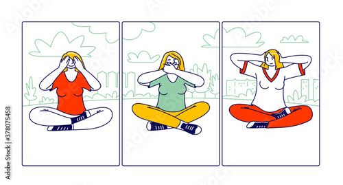 Women Characters Closing Eyes, Ears and Mouth Like Three Wise Monkeys from the Saying. Do Not See, Hear and Speak Evil