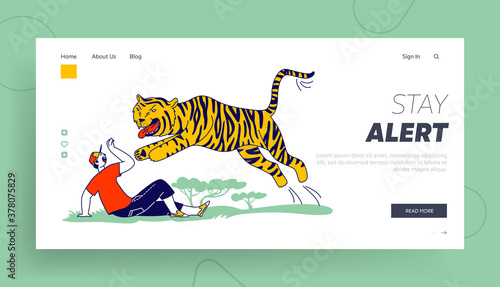 Tourist Character Attacked with Tiger Landing Page Template. Danger from Wild Animals. Unexpected Situation in Nature