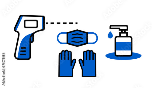 Medical mask and gloves, digital thermometer icons