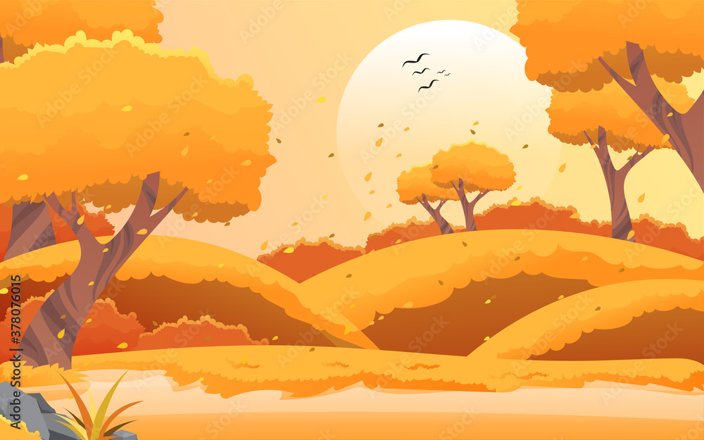 Autumn or Fall Season Landscape background Illustration with Falling Foliage Leaves Concept