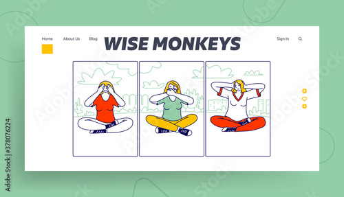 Three Wise Monkeys Landing Page Template. Women Characters Closing Eyes, Ears and Mouth Do Not See, Hear and Speak Evil