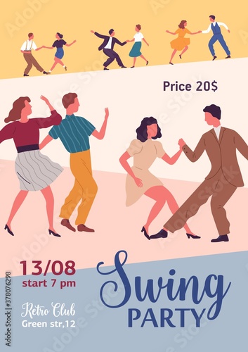 Swing party colorful promo poster with place for text vector flat illustratio...