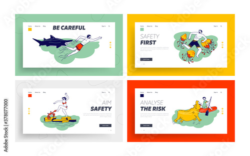 Characters Attacked with Water Animals Landing Page Template Set. Hippopotamus, Crab, Jellyfish and Shark Attack