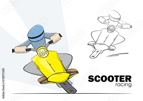Hand drawn scooter racing. Man rides on moped on white background.
