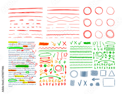Vector Correction Marks Set Isolated on White Background, Sketched Design Elements Collection.