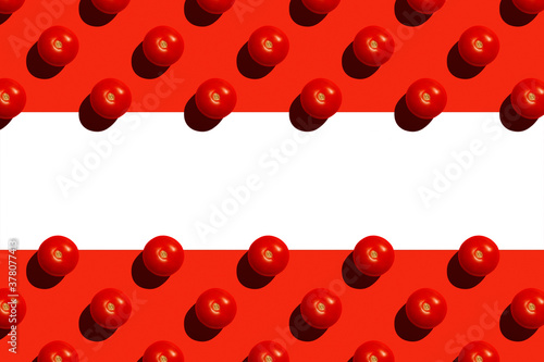 Seamless endless pattern with ripe red tomato on red background with white empty place for text in centre.
