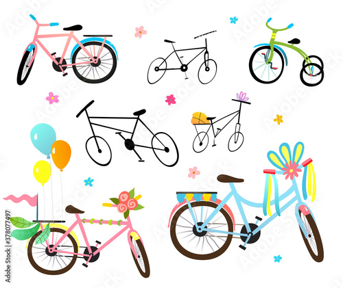Funny decorated bicycles hand drawn collection, colorful clipart for kids projects. Quirky bikes objects set isolated on white, cute festive cycle collection. Vector cartoon illustration for kids