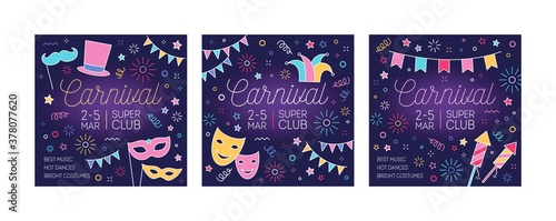 Collection of festive carnival promo cards with place for text. Bundle of squ...