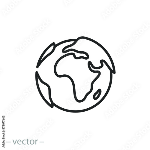 globe icon, earth planet day, world map, logo template ecology environment, thin line simple web symbol on white background, editable stroke vector illustration