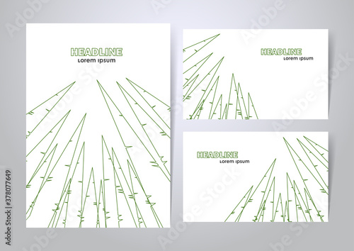 Three variants of layout design with graphic line pine forest on white background.