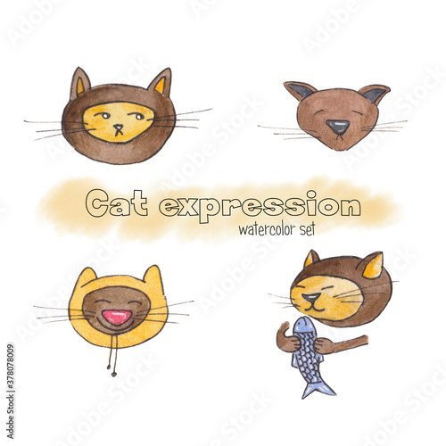 Hand-drawn watercolor set of illustrations with cat expressions. Funny, cartoon characters.