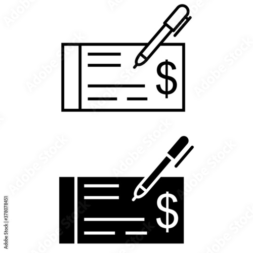 Cheque and pen icon vector set. paycheck illustration sign collection. check symbol.