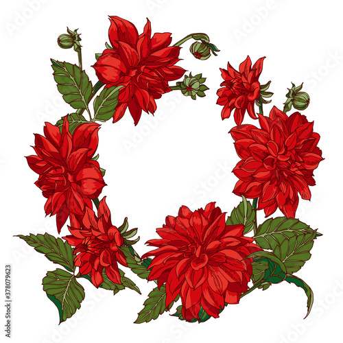 Red dahlias wreath vector illustration using handmade graphics. Great congratulations to the teacher. Autumn flowers.