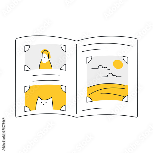 Open photo album with photos in frames and angles. Memories, family photography, history concept. Flat thin line vector illustration icon on white.