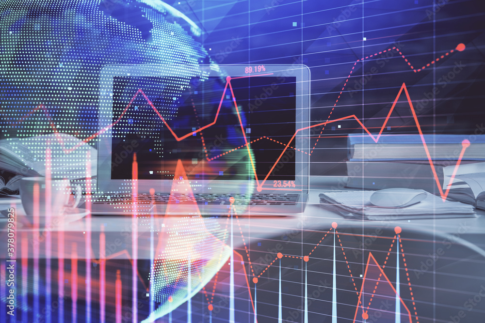 Multi exposure of forex graph and work space with computer. Concept of international online trading. Multi exposure of forex graph and work space with computer. Concept of international online trading.
