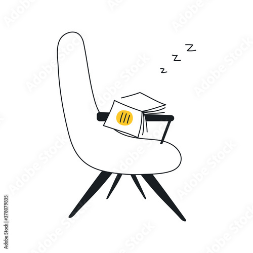 An empty chair with a book and sleeping sign. 404 empty page concept, no results and the page not found. Flat line vector illustration on white 