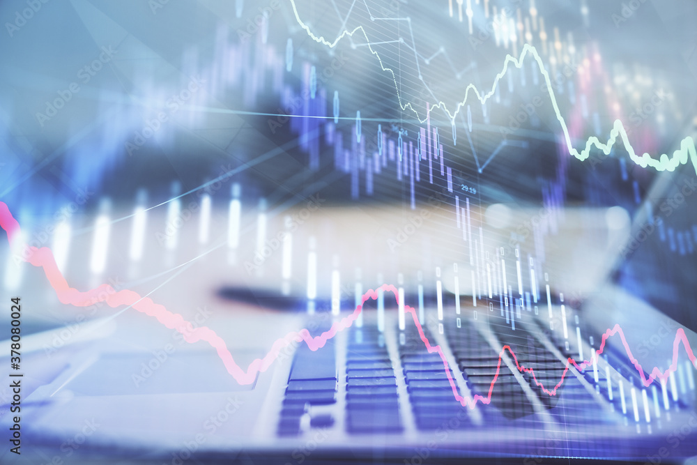 Stock market graph and table with computer background. Multi exposure. Concept of financial analysis. Stock market graph and table with computer background. Multi exposure. Concept of financial analysis.
