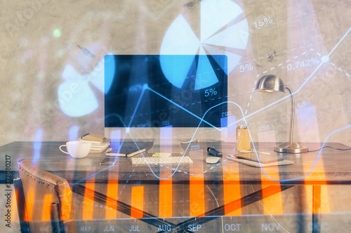 Double exposure of forex chart and work space with computer. Concept of international online trading.