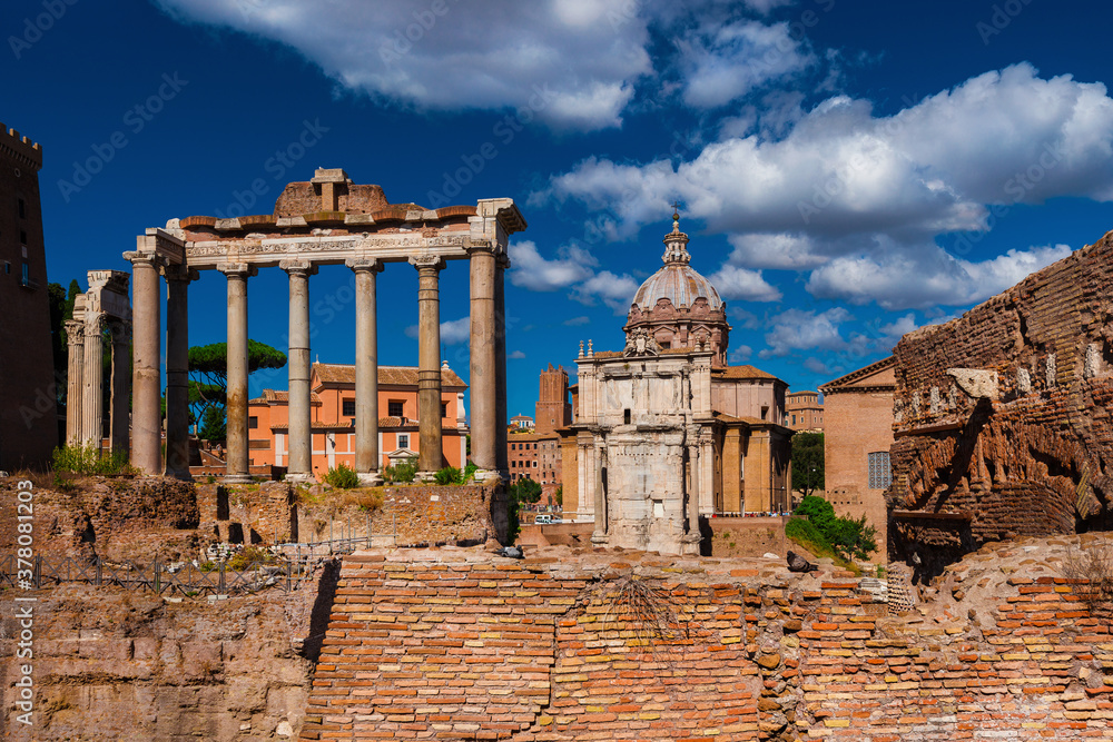Fototapeta premium Roman Forum ruins of temples, columns and others ancient buildings, in the historic center of Rome