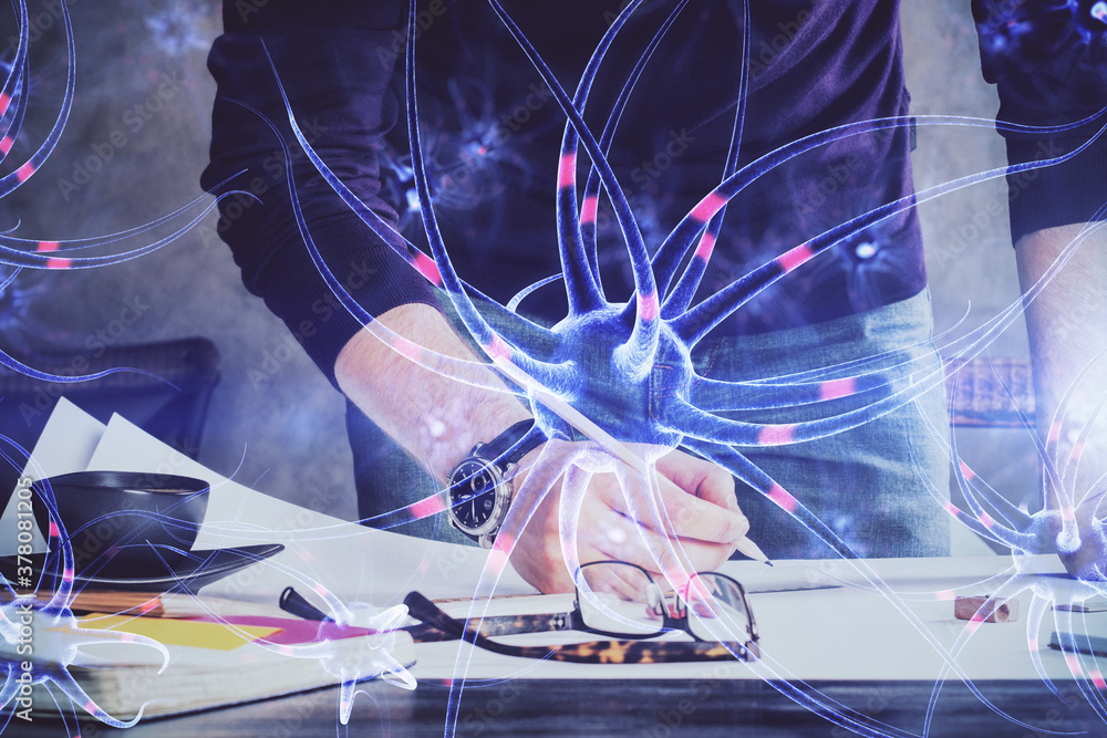 Interconnected neuron cells with glowing link knots in electrical ...