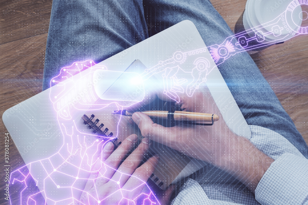 Fototapeta premium Abstract man wearing augmented reality headsets computer work with writing human background. AR concept. Double exposure.