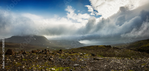 Panorama beautiful view of around mountain at west-fjord in Iceland. The Westfjords or West Fjords is a large peninsula in northwestern Iceland and an administrative district.  photo