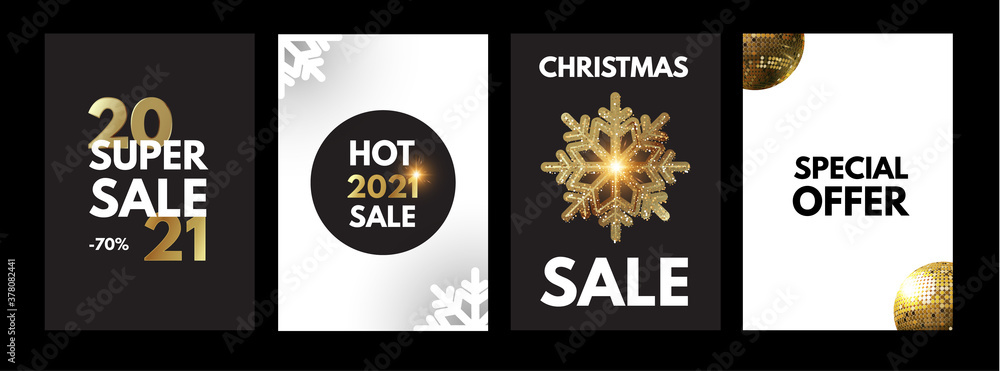 Happy New 2021 Year Elegant poster template set with gold shining year number, confetti and snowflakes