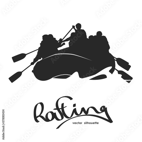 Vector Silhouette of rafting team on river