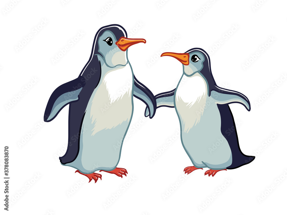 Obraz premium Pair of cute penguins hold on by wings. A symbol of love, family and loyalty. Arctic birds, vector sketch on white