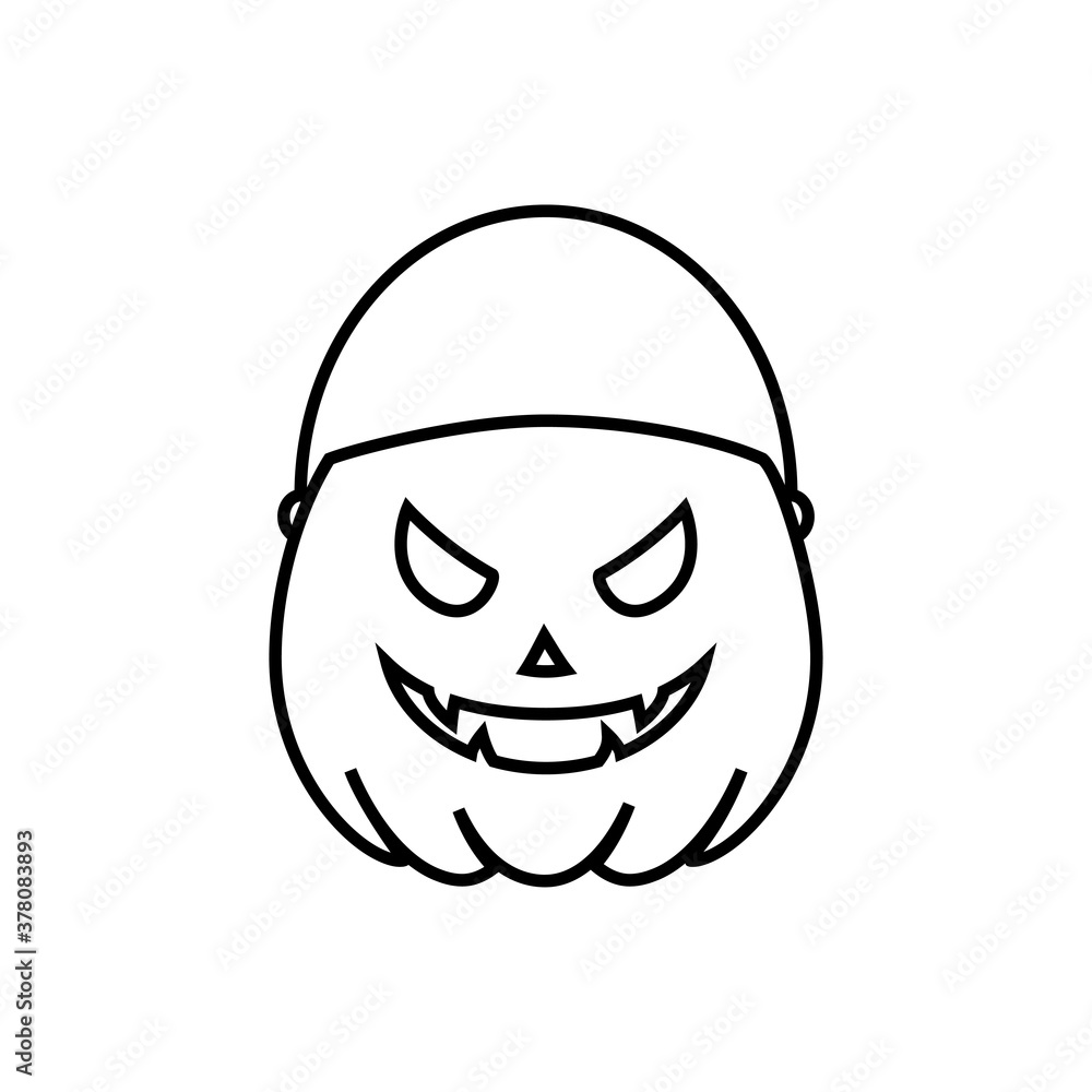 Feliz Halloween. Logotipo lineal de cubo de calabaza de Halloween para que los niños celebren la tradición de truco o trato recogiendo dulces en color negro