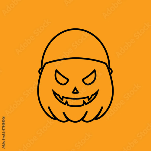 Feliz Halloween. Logotipo lineal de cubo de calabaza de Halloween para que los niños celebren la tradición de truco o trato recogiendo dulces en fondo naranja
