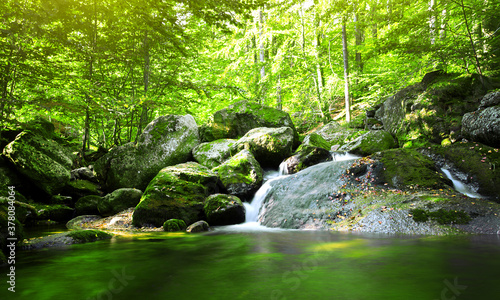 Waterfall in Czech republic, fairytale waterfall in Jizerske hory, Czech republic, Sunny day, green nature, Czech nature