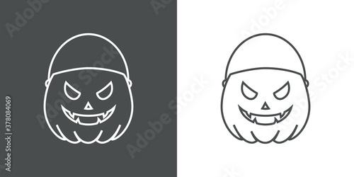Feliz Halloween. Logotipo lineal de cubo de calabaza de Halloween para que los niños celebren la tradición de truco o trato recogiendo dulces en fondo gris y fondo blanco