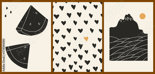 Set of three abstract minimalistic aesthetic backgrounds with watermelon, hearts, mountains, sea, sun, lines. Trendy colorful vector illustration for social networks, web design in vintage boho style.
