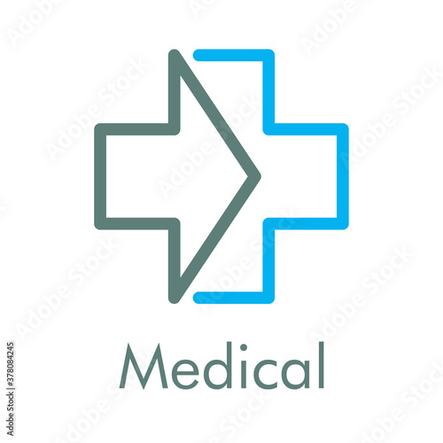 Concepto asistencia sanitaria. Logotipo con texto Medical lineal con flecha en cruz en gris y azul	