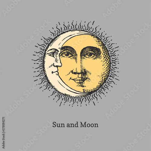 Sun and Moon, hand drawn in engraving style.