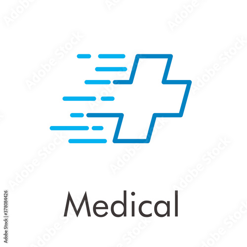 Concepto asistencia sanitaria. Logotipo con texto Medical con cruz con líneas de velocidad en color azul