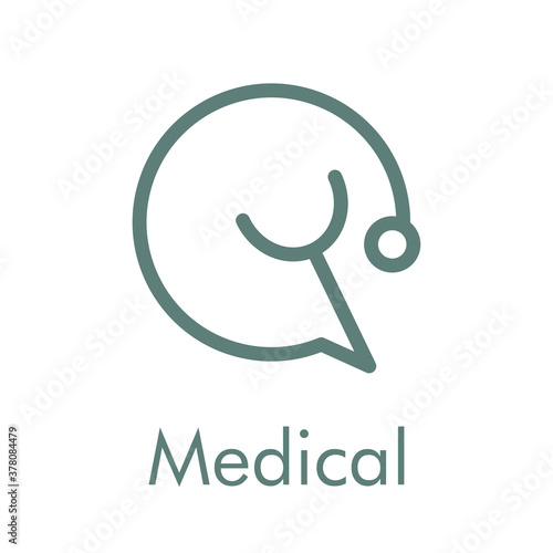 Concepto asistencia sanitaria. Logotipo con texto Medical con estetoscopio en burbuja de habla lineal en color gris