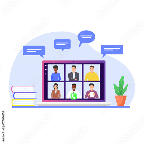 Videoconference of colleagues on the laptop screen. Remote work, communication via the Internet, video chat.