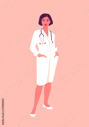 An Asian woman doctor in a medical uniform. Full-length portrait of professional. Working in a hospital or clinic. Concept vector illustration in flat style